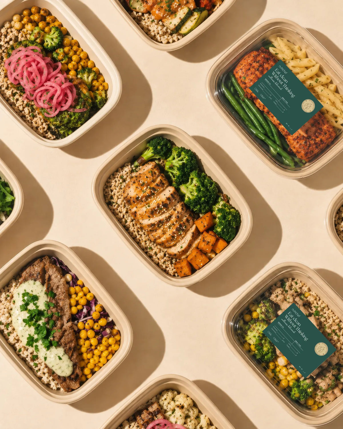 NutriChef meal trays laid out on a warm sand background